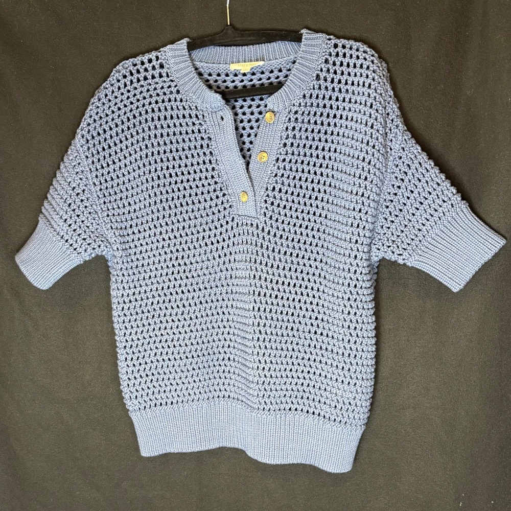 Haven Well Within‎ Womens Blue Knit Button Short Sleeve Sweater Top
